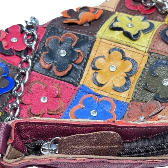 Multi-colored 3D Floral Leather Rhinestone Shoulder Bag Clutch Bag - Picture 8 of 16